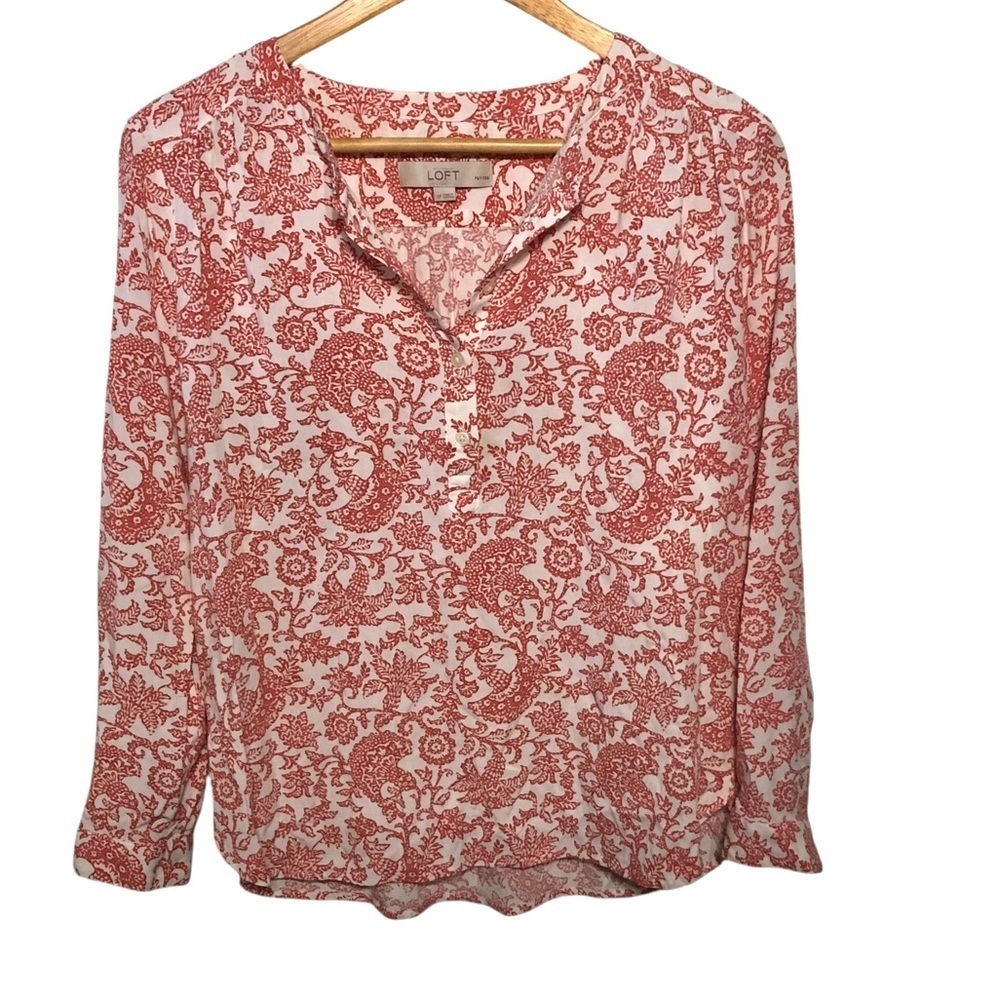 Loft Sz Small Petite Floral Paisley Colorful Blouse Top Orange White Office - Picture 2 of 7